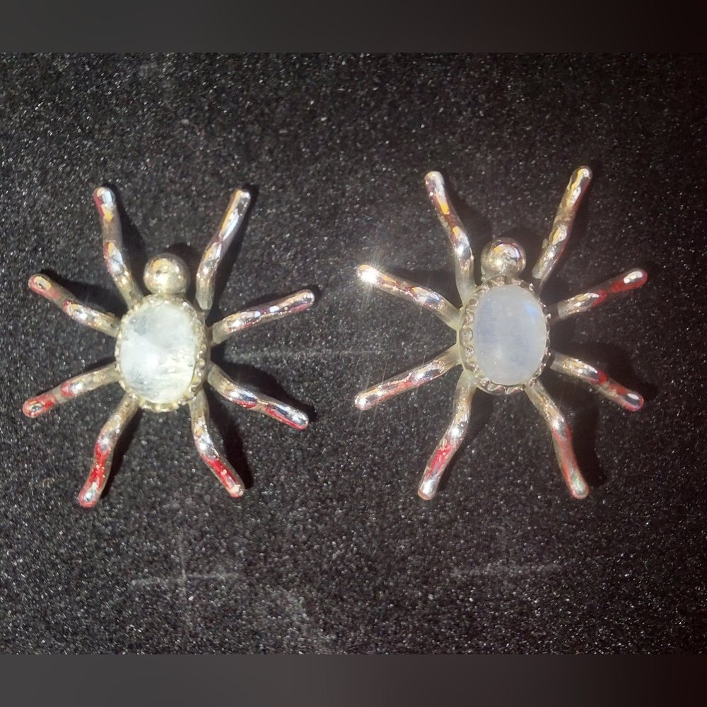 Spider Shaped Moonstone Silver Stud Statement Earrings - Picture 2 of 11